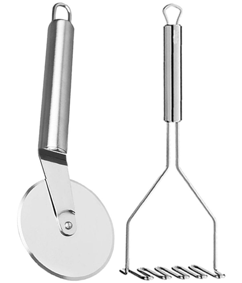     			JISUN Stainless Steel Wheel Pizza Cutter & Vegetable Masher, Pav Bhaji Masher, Potato Masher Silver Kitchen Tool Set