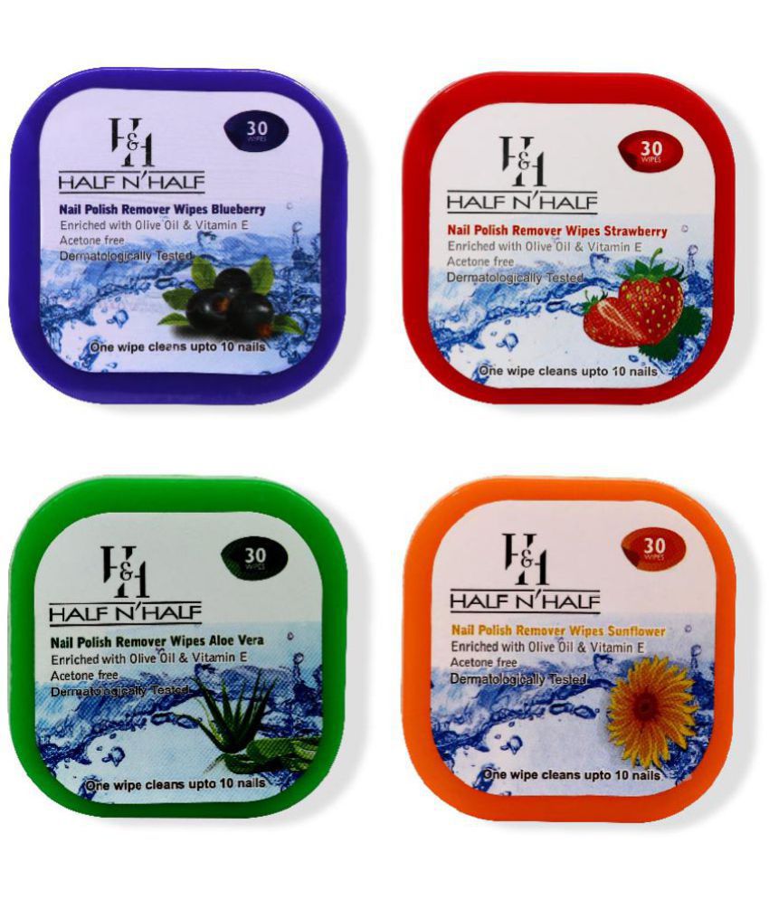     			Half N Half Nail Polish Remover Wipes, Aloe-Vera|Strawberry|Blueberry|Sunflower Flavours , Pack of 4 (120wipes)