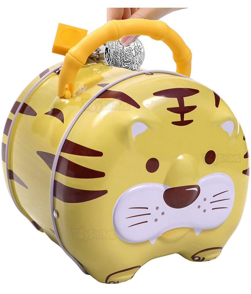 Toyshine Cat Money Box Safe Piggy Bank with Lock, Savings Bank for Kids, Made of Tin Metal - Yellow