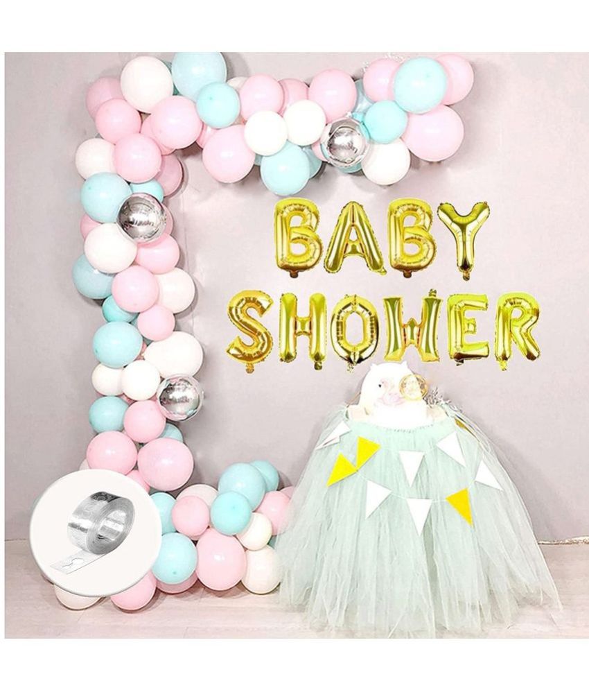     			Balloon Junction Themez Only Baby Shower Party Decoration Banner (GOLD) with Balloons (Baby Pink / Aqua / Std White / Silver Chrome) - Total Pack of 60 pcs