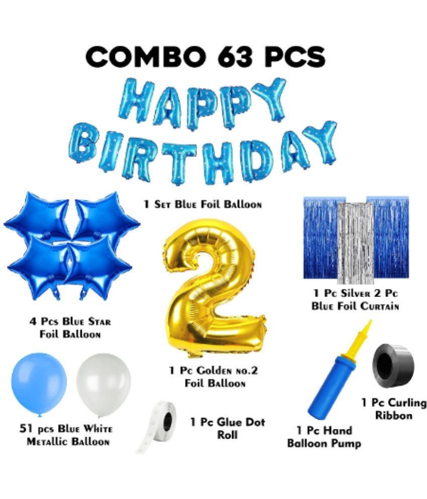 Blooms Mall 2nd Birthday Decoration Items For Boys 63Pcs Blue & Silver