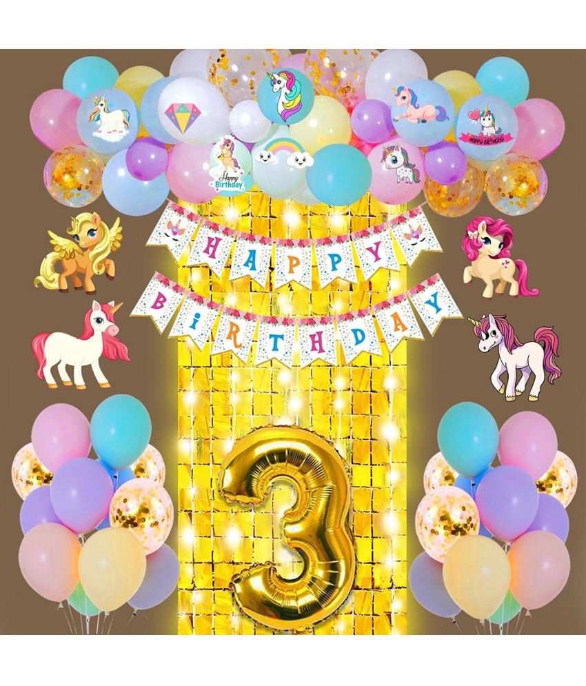     			Party Propz Unicorn Theme 3rd Birthday Decorations for Baby Girl Combo - 63Pcs Items Set for 3 Years Birthday Decorations for Girl - 3rd Birthday Party Decorations,Birthday Decorations kit for Girls 3rd birthday/ Baby Birthday Decoration Items 3 Year