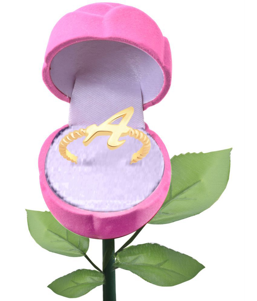     			Vighnaharta Stylish "A" Letter Gold Plated Alloy Ring with pink rose box