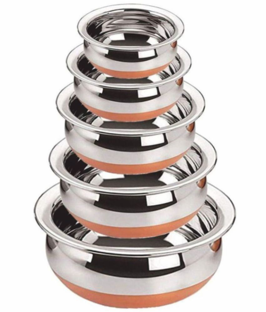 Vertech Copper Handi  Set of 5 Pieces  Size: 500, 800, 1000, 1500, 2000 ML(Copper, Stainless Steel, Non-Stick)  Serving Bowl biryani Milk Pot pan