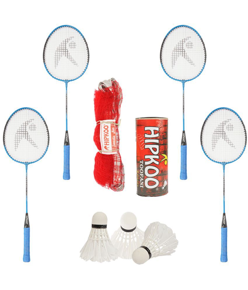     			Hipkoo Sports Spirit Aluminum Badminton Complete Racquets Set | 4 Wide Body Racket, 3 Shuttlecocks and Net | Ideal for Beginner and Recreational | Lightweight & Sturdy (Blue, Set of 4)