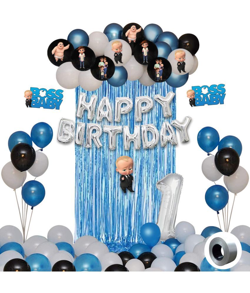     			Party Propz Boss Baby Theme Decorations 1st Birthday Combo Set - 43Pcs Happy Birthday Silver letter Foil Balloon, Metallic Balloons, Boss Baby Character, Foil Curtain, Number 1 Foil Balloon Set for Boys Bday Decorations Items Set