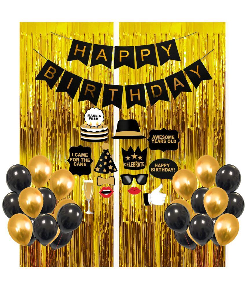     			Party Propz Happy Birthday Comb 2 Golden foil Curtains, 1 Happy Birthday Banner, 1 Set of Birthday Photo Booth, 24 pics Golden & Black Latex Balloon / Happy Birthday Supply (40Pcs)