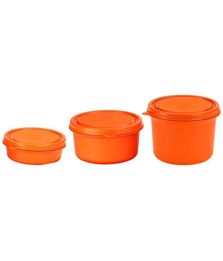 Oliveware Benny Microwave Containers with Lid Stainless Steel to Store Food in Plastic Free Container (Orange, Set of 3 - 290,450,600 ml)