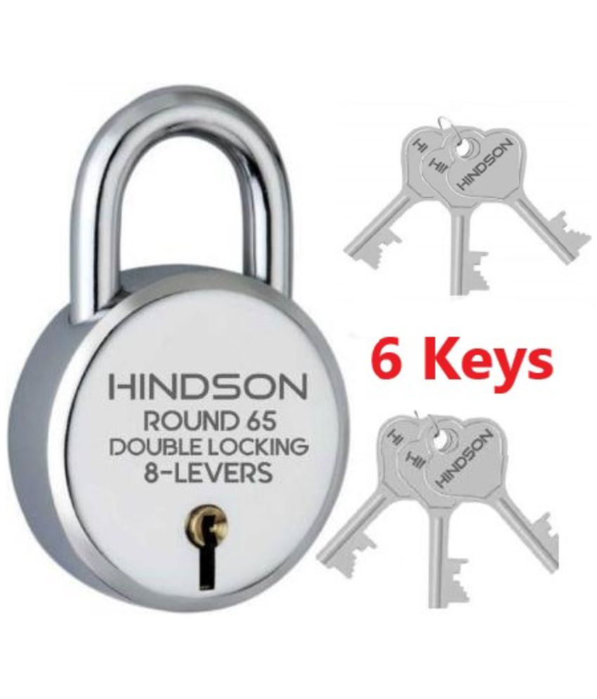 HINDSON Lock with 6 Keys, Steel Round 65mm Padlock, 8 Levers, Silver Finish