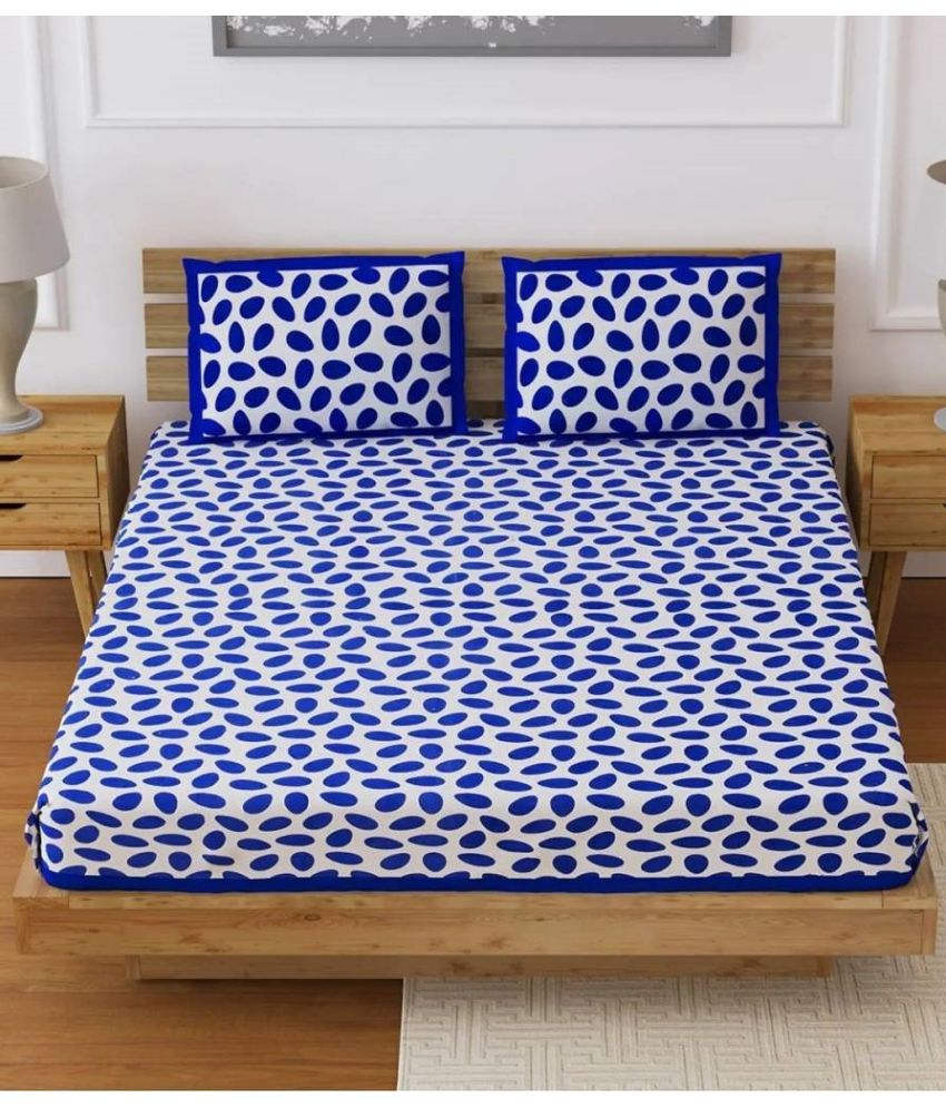     			Frionkandy Cotton Queen Bed Sheet with Two Pillow Covers - Blue
