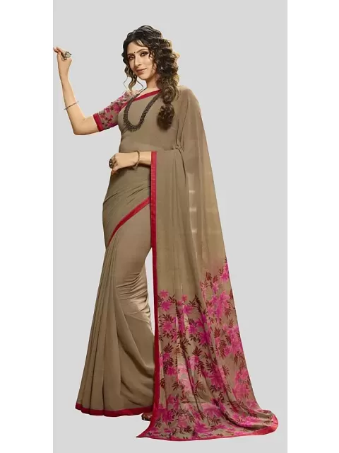 Beige crepe silk plain saree with designer blouse 42009