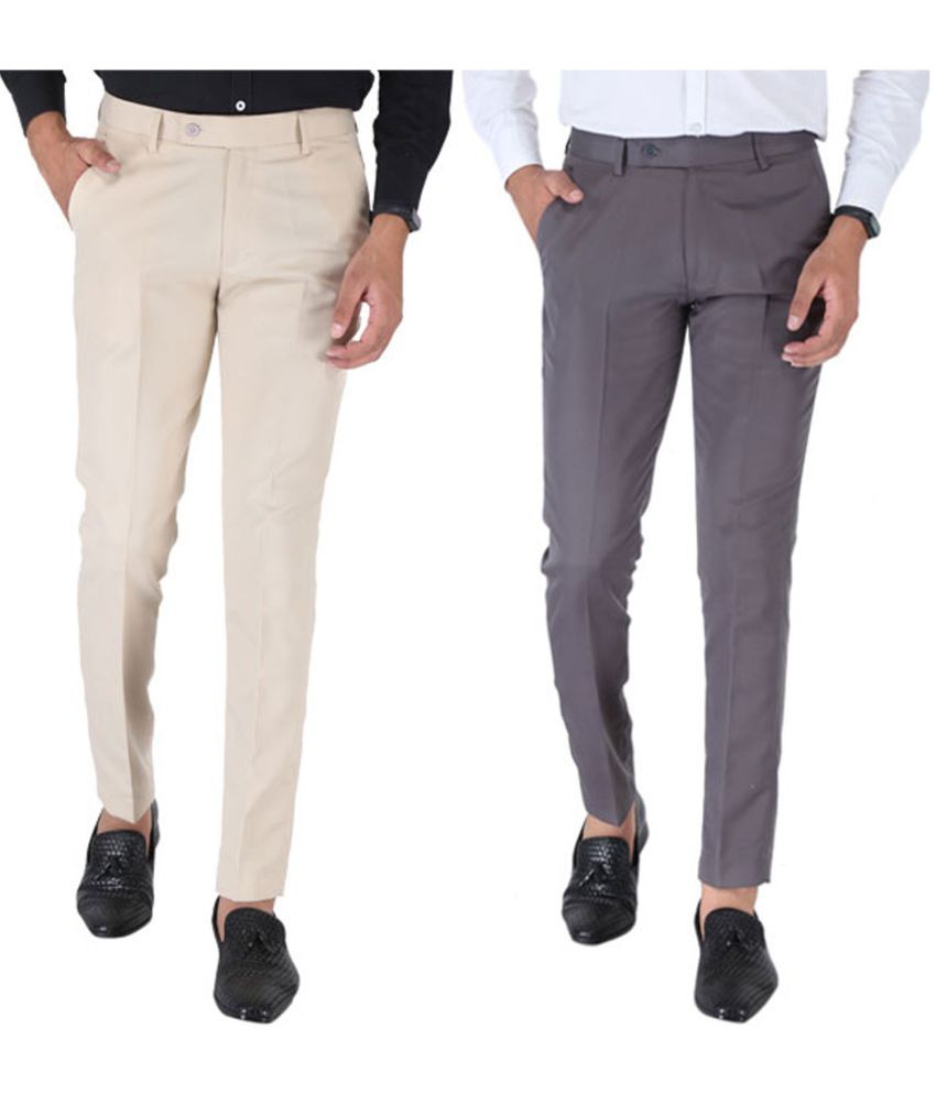     			SREY Cream Slim -Fit Flat Trousers Pack of 2
