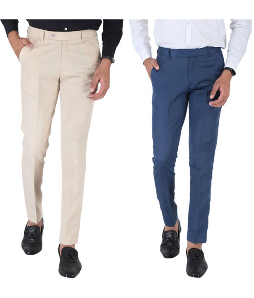     			SREY Cream Slim -Fit Flat Trousers Pack of 2