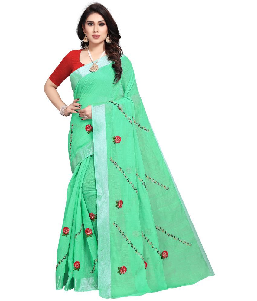     			Sidhidata Green Cotton Linen Blend Saree -