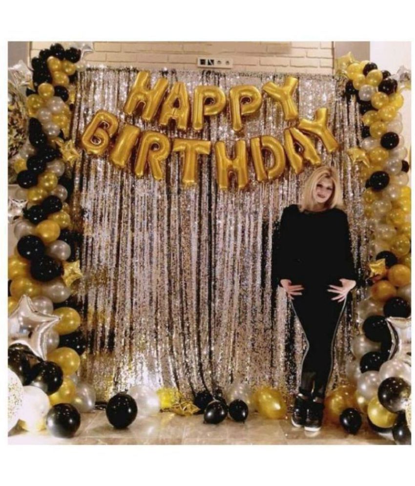     			Pixelfox Happy Birthday Golden Foil(16 inch) + 2 Pcs Silver Fringe Curtain(3 X 6 Feet) + 30 pcs Metallic Balloons (Black,Gold,Silver)(12 Inch)