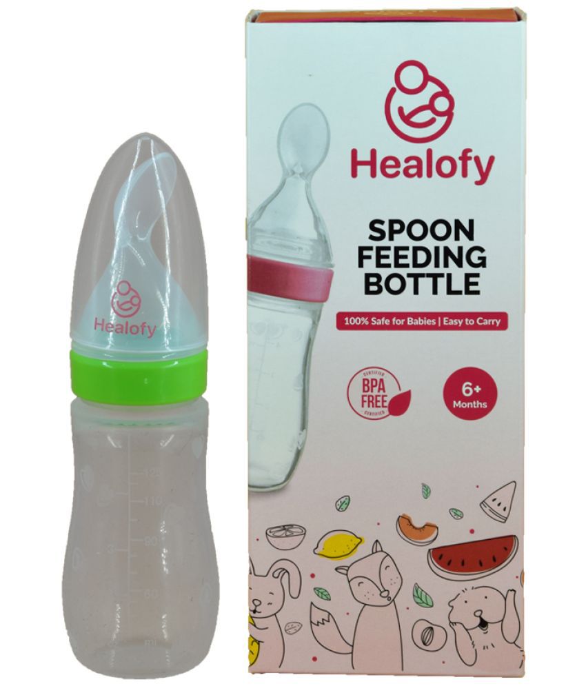 Healofy Feeding Spoon with Squeezy food Grade Silicone Feeder bottle , For Infant Baby, 120ml, BPA Free, Green