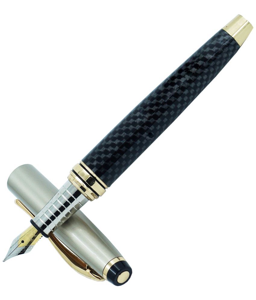    			auteur Zeus Premium Black & Grey Carban Fiber Finish Fountain Ink Pen, Best Writing Medium Nib With Refillable Ink Pump Converter & Golden Trims , Metal Body Packed In A Gift Box .