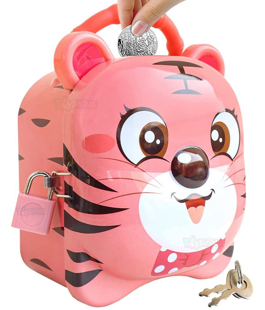 Toyshine Cute Tiger Money Safe Piggy Bank with Lock, Savings Bank for Kids, Made of Tin Metal - Red