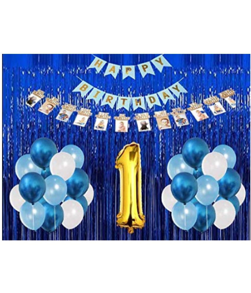     			Blooms Event1st Birthday Boy Decoration 60pcs-Blue Bunting Banner(13)+Blue Curtain(2)+1-12 Months Photo Banner(12)+1 No.Gold Foil 32 Inch(1)+Metallic Balloons Dark Blue 10+Light Blue 10+White 10
