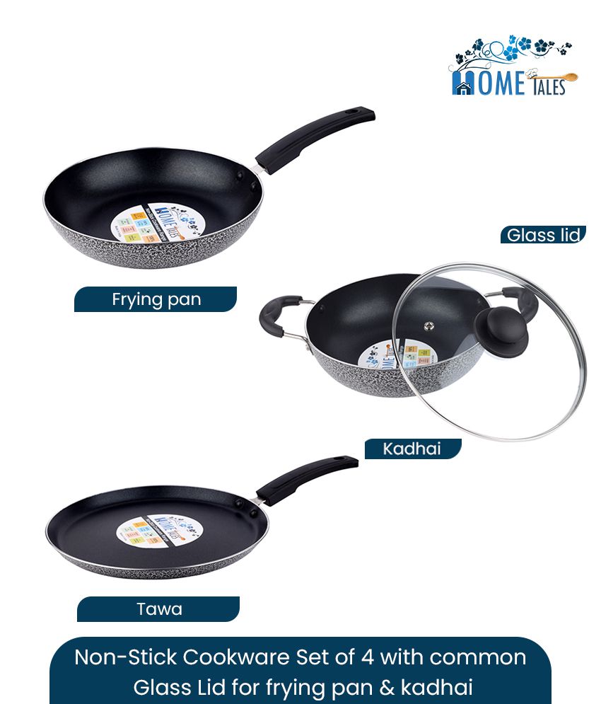 HOMETALES Non-Stick Cookware Set of 4, Kadhai(23cm) (2200ml),  Frypan(23cm) (1400ml), Flat Tawa (25cm) & Glass Lid Hammered finish