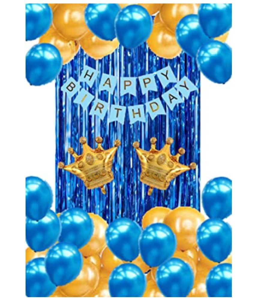     			Blooms Event blue golden Happy Birthday Decoration Combo Kit with crown, banner, balloons, 24pcs for Birthday Decoration