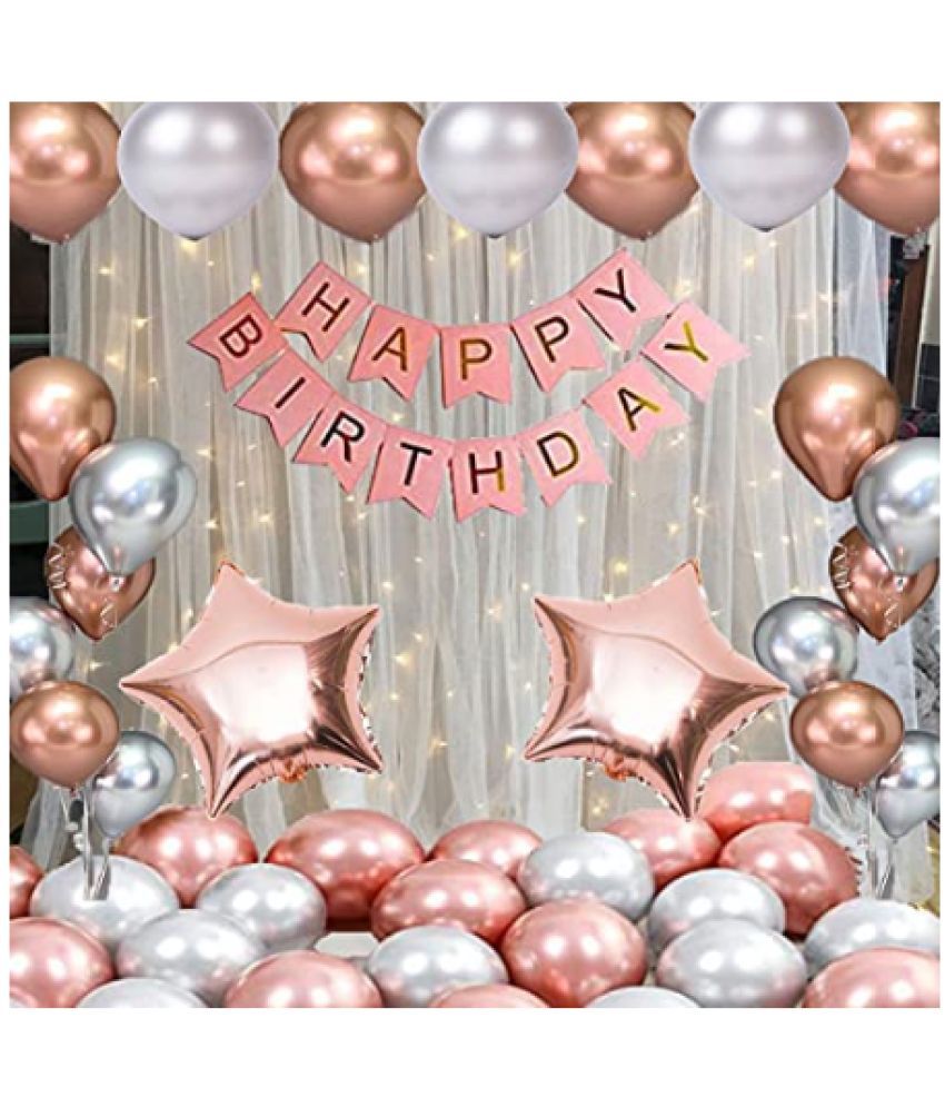     			Blooms Event rosegold silver Happy Birthday Decoration Combo Kit with Banner, Balloons,star Foil 33pcs for Birthday Decoration