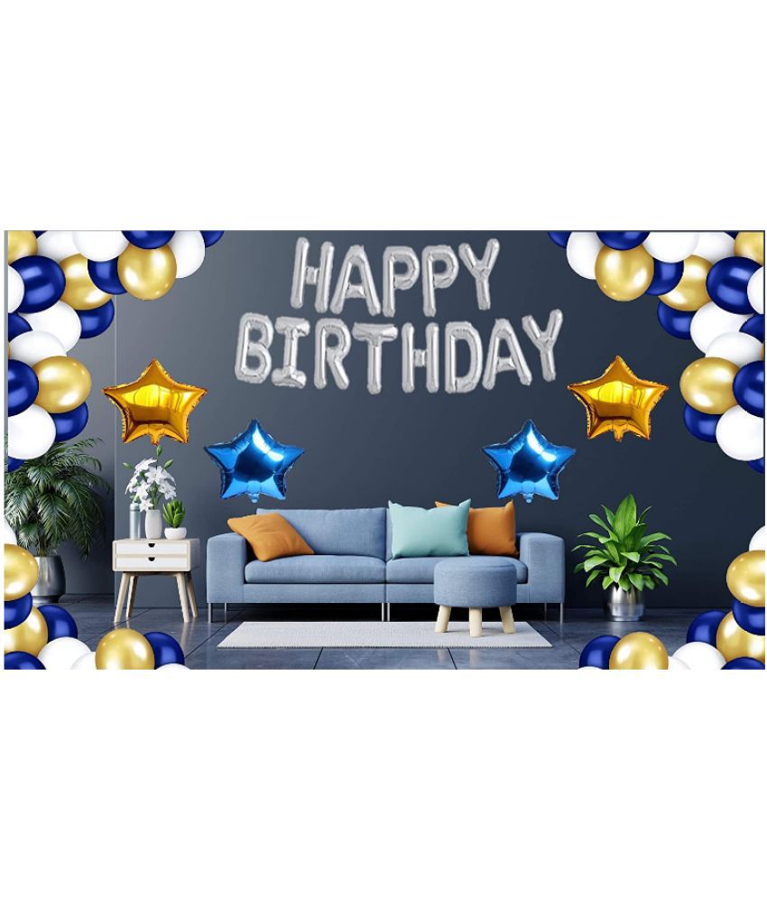     			Blooms Event  silver Foil HBD+ 30 HD Metallic Royal Blue , Gold & White Balloons Decoration +  (2 Gold Star & 2 Royal Blue) Star