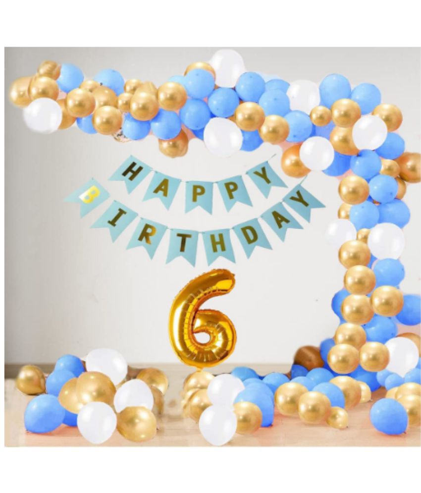     			Blooms Event6 Year Decoration kit For Boy and Girl Happy-Birthday 62 Pcs Combo Items 20 golden, 20 White 20 Blue balloons and 13 letter happy birthday banner and 6 letter golden foil balloon.