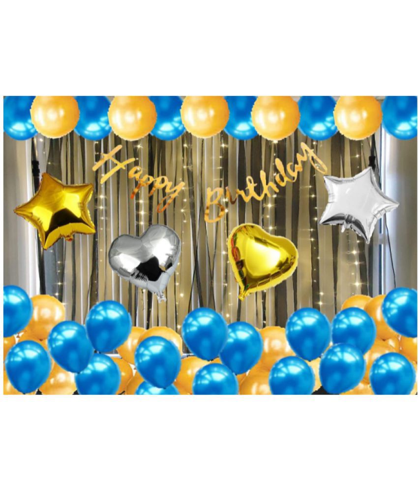     			Blooms Eventblue silver golden Happy Birthday Decoration Combo Kit with hearts stars banner balloons 35pcs for Birthday Decoration