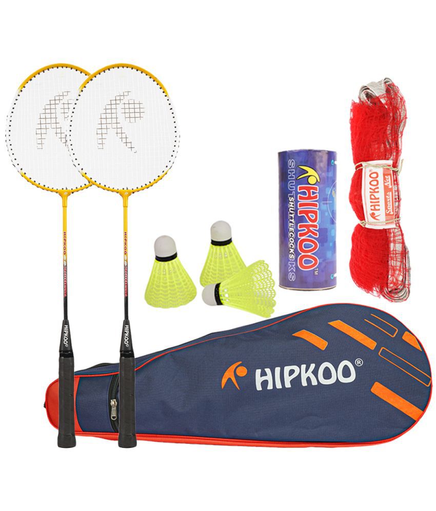     			Hipkoo Sports Dual Power HP 110 Aluminum Professional Badminton Racquets Set | 2 Wide Body Rackets with Cover, 3 Feather Shuttlecocks and Net | Ideal for Beginner | Flexible, Lightweight & Sturdy  (Multicolor, Set of 2)