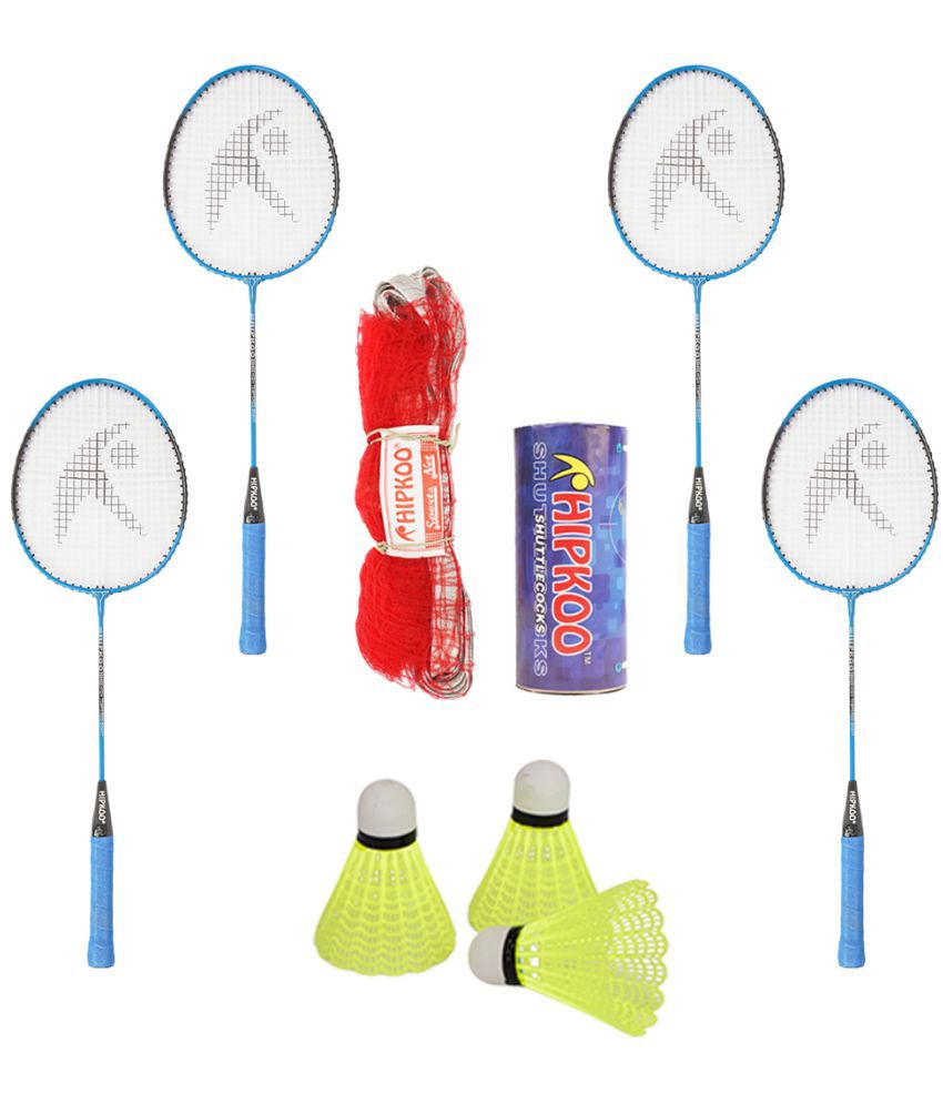     			Hipkoo Sports Strength Aluminum Badminton Complete Racquets Set | 4 Wide Body Racket with Cover, 3 Shuttlecocks and Net | Ideal for Beginner | Lightweight & Sturdy (Blue, Set of 4)