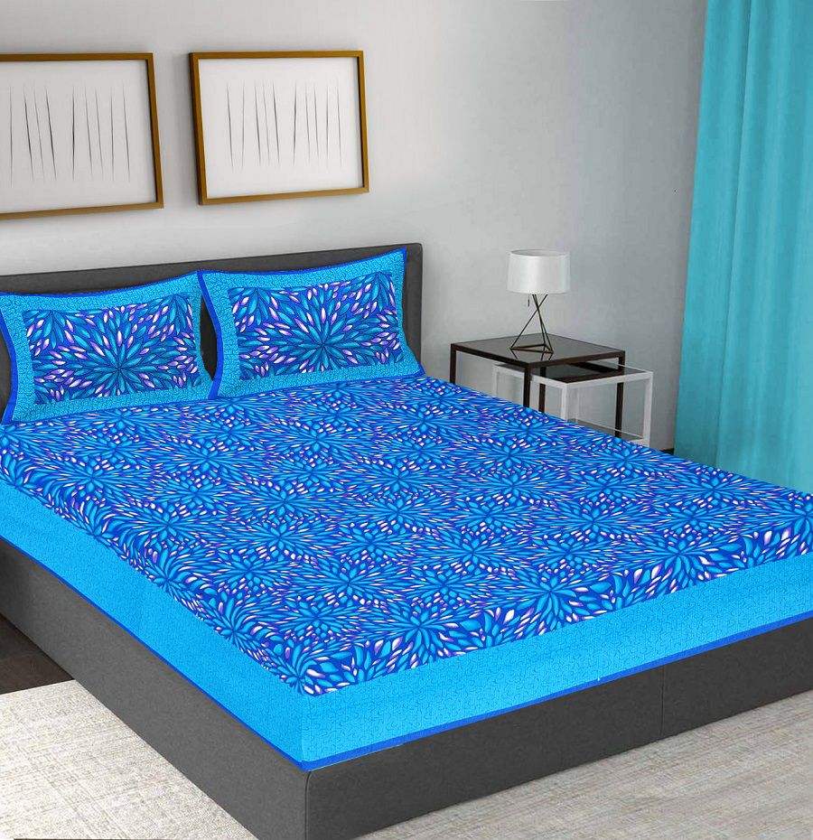     			HOMETALES Cotton Floral Queen Bed Sheet with Two Pillow Covers-Blue