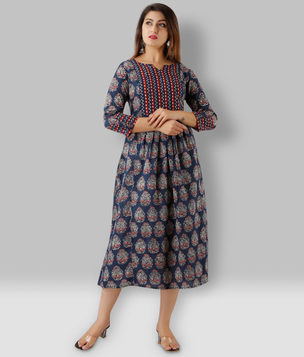     			SVARCHI Cotton Blue Fit And Flare Dress