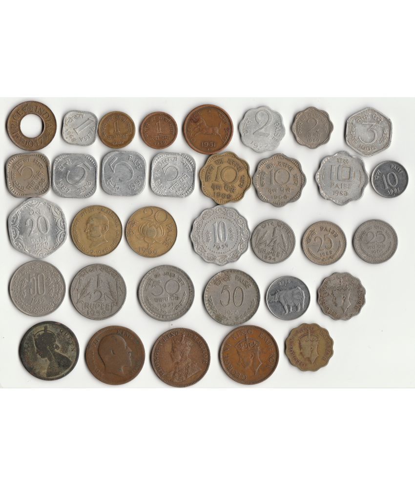     			Sansuka 34 different India old coins one paisa, two paisa three paisa, 5paisa, 10 paisa, 20 paisa, 25 paisa, 50 paisa, one anna, British Quarter Anna. Coin Collection