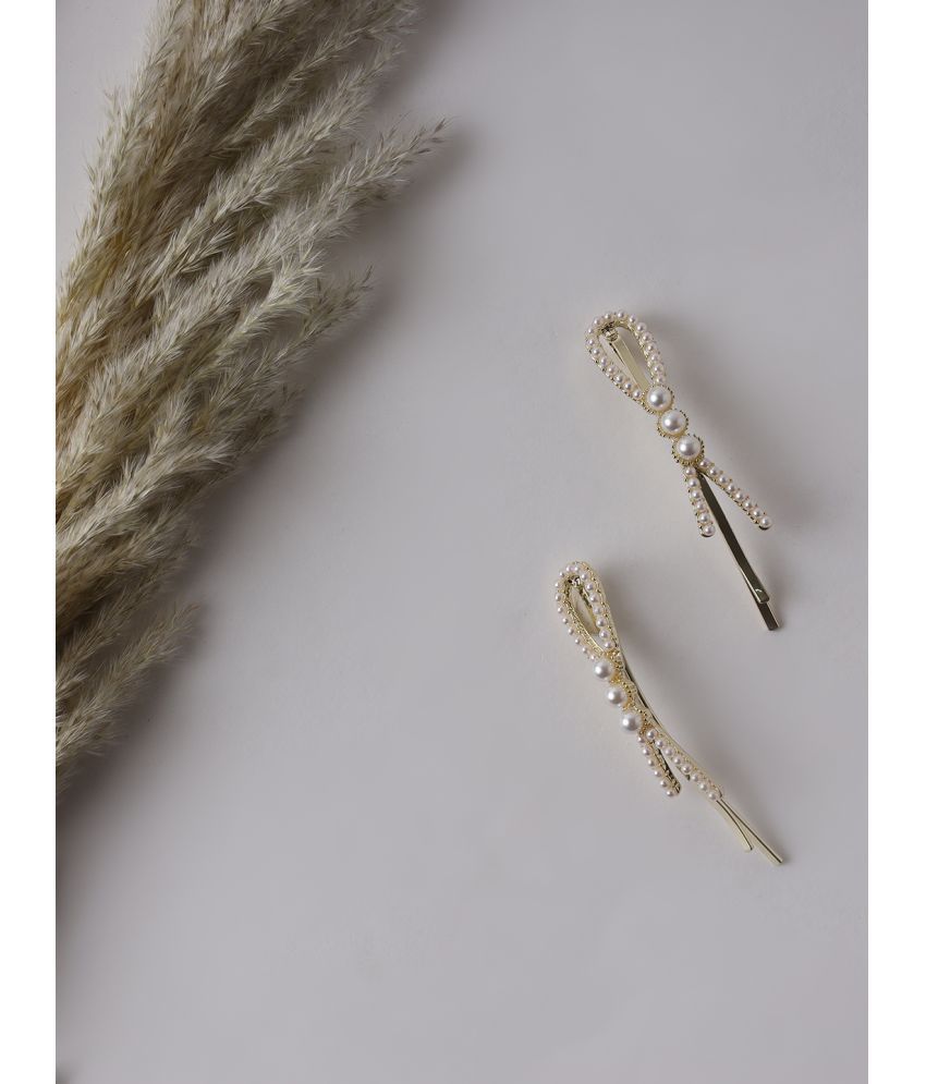     			Jazz and Sizzle Set Of 2 Gold-Plated Off-White Beaded Handcrafted Hair Clips