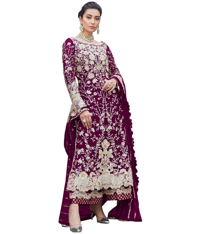 ZARIN TRENDZ Purple Georgette Pakistani Semi-Stitched Suit - Single