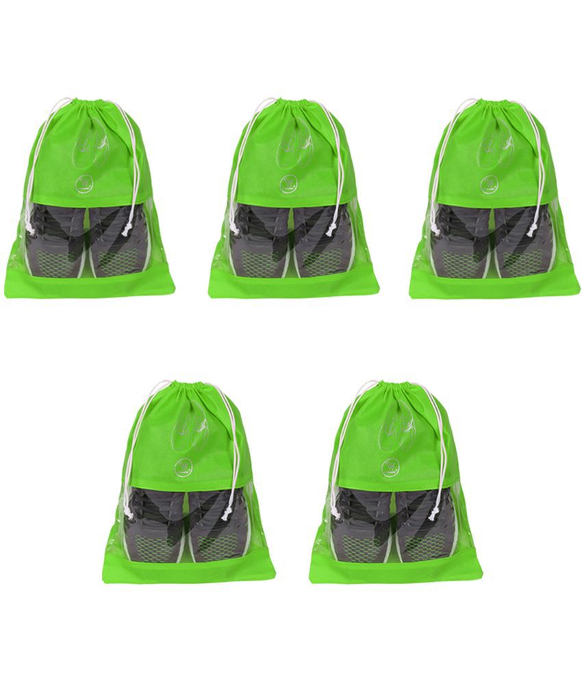     			E-Retailer Non Woven Fabric Travelling Shoe Organising Bag with Transperent Window for Boots & High Heel- Pack of 5pc, Green, (15x12 Inches)