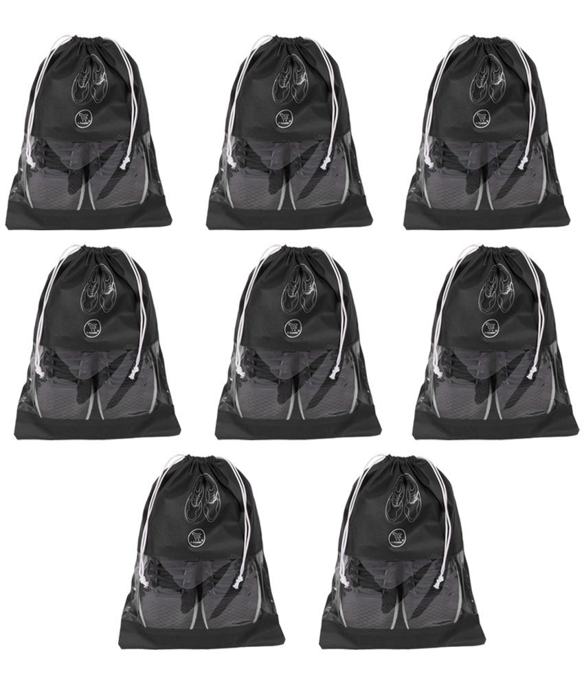     			E-Retailer Non Woven Fabric Travelling Shoe Organising Bag with Transperent Window for Boots & High Heel-Pack of 8Pc, Black, (15x12 Inches)