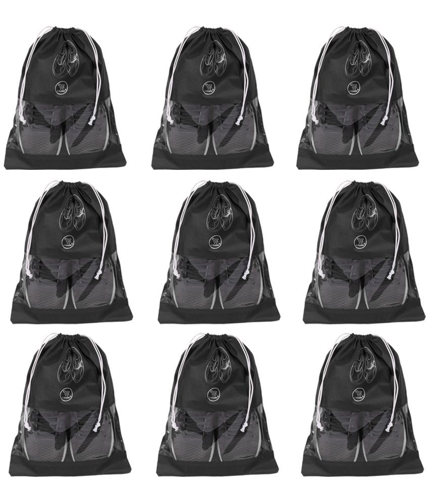     			E-Retailer Non Woven Fabric Travelling Shoe Organising Bag with Transperent Window for Boots & High Heel-Pack of 9Pc, Black, (15x12 Inches)