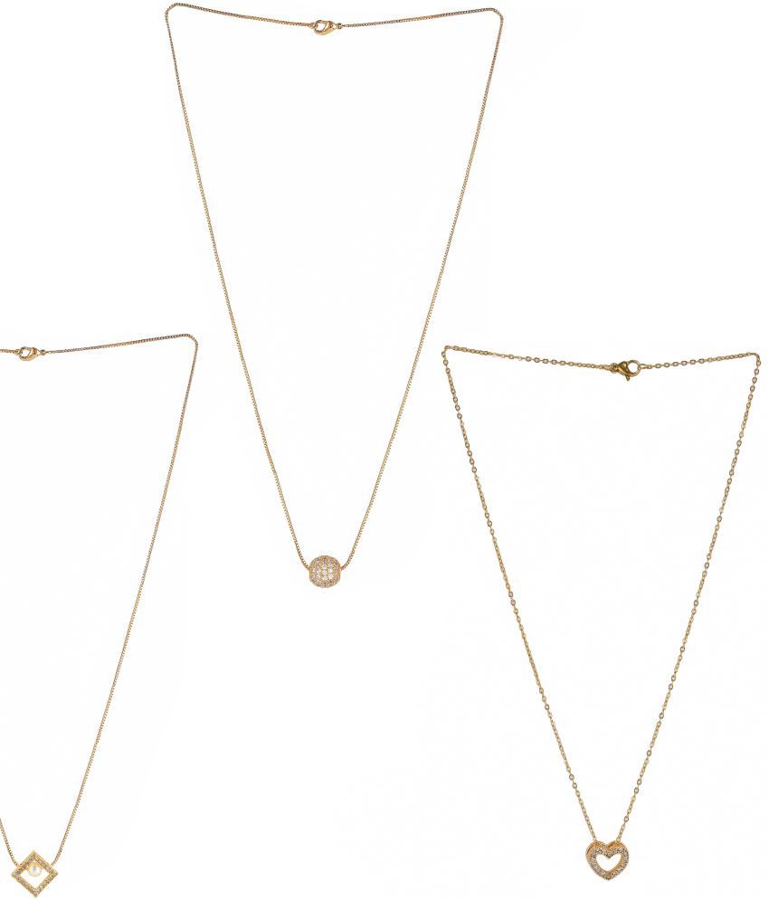     			Micro Gold Plated White American Diamond Square And One Love Heart Shape Pendant With Satari Chain Combo Of 3 Necklace Golden Chain Pendant for Women and Girls