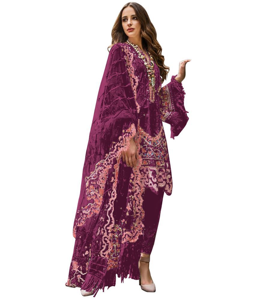 ZARIN TRENDZ Purple Net Pakistani Semi-Stitched Suit - Single