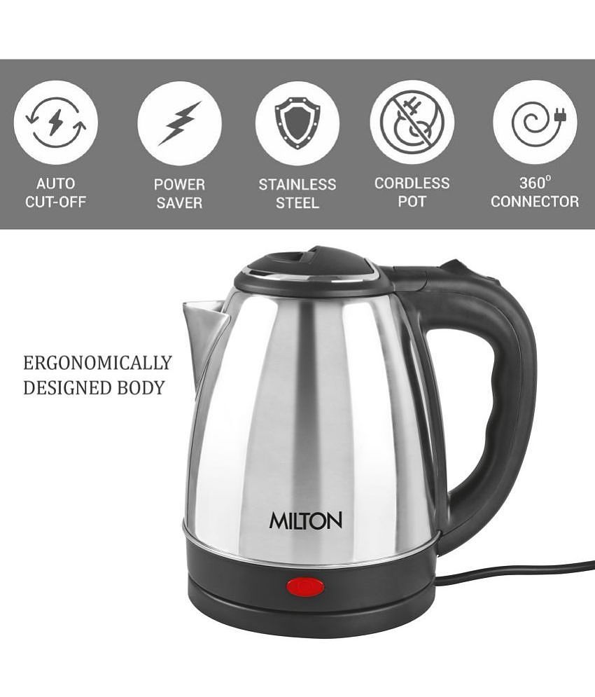 Milton Go Electro 2.0 Stainless Steel Electric Kettle, 1 Piece, 2000 ml, Silver | Power Indicator | 1500 Watts | Auto Cut-off | Detachable 360 Degree Connector | Boiler for Water - Silver