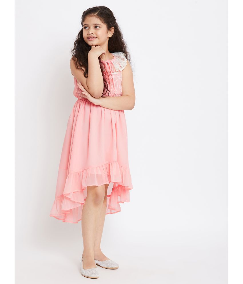 Stylo Bug Girl's  Flower Embroidery Round Neck  Sleevless Knee Length Fit & Flare Party Wear Dress -Pink