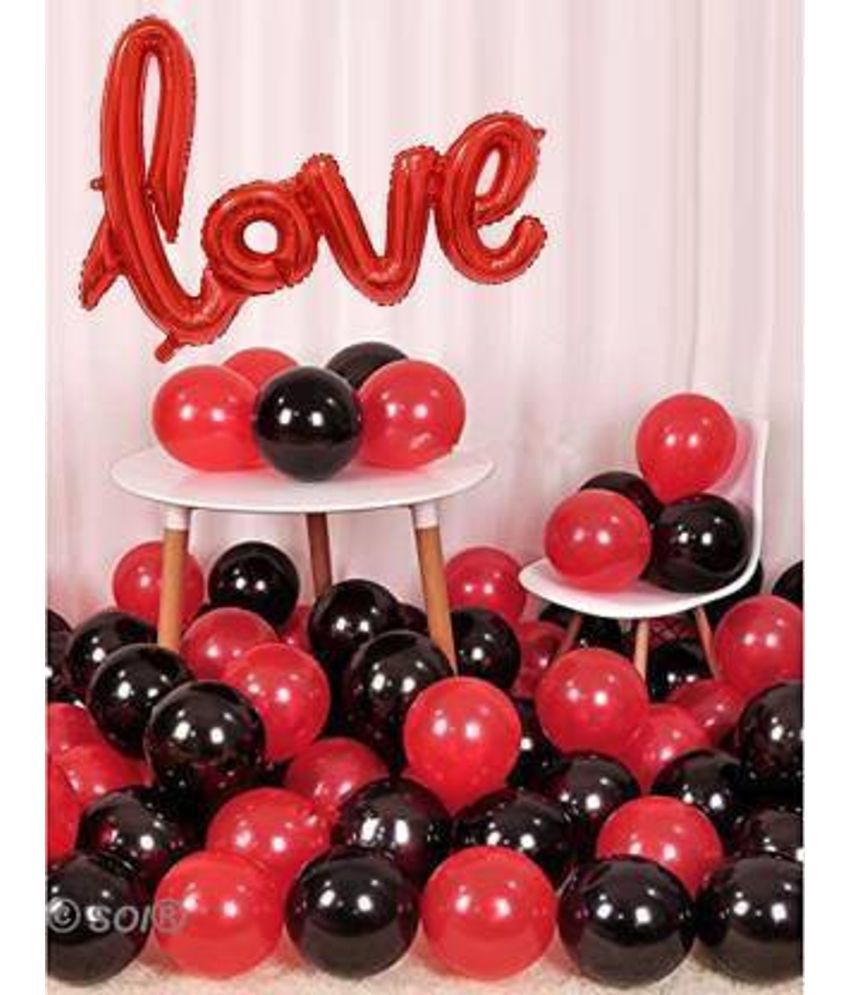     			KR Solid LOVE Decorations kit For Anniversary, Birthday, Valentine Day - Cursive RED Love Foil Balloon With Red and Black Metallic Balloons 30 Pcs Letter Balloon