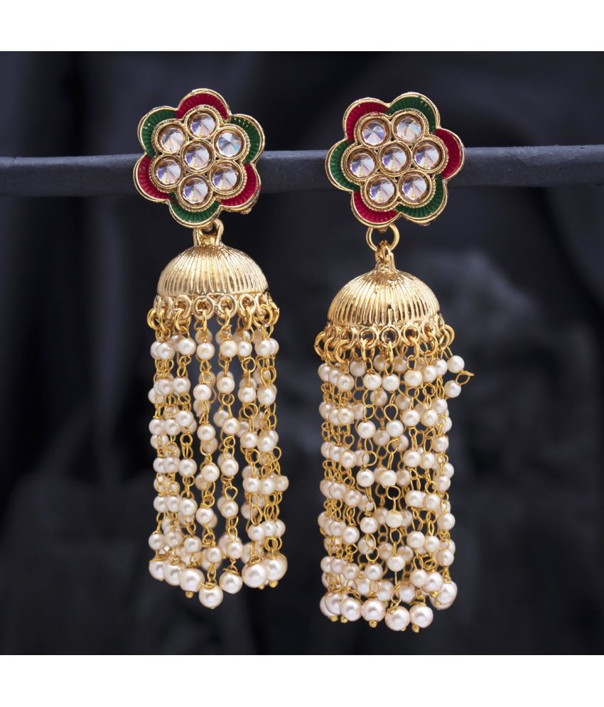     			Sukkhi Glorious Pearl Gold Plated Floral Meenakari Chandelier Earring for Women