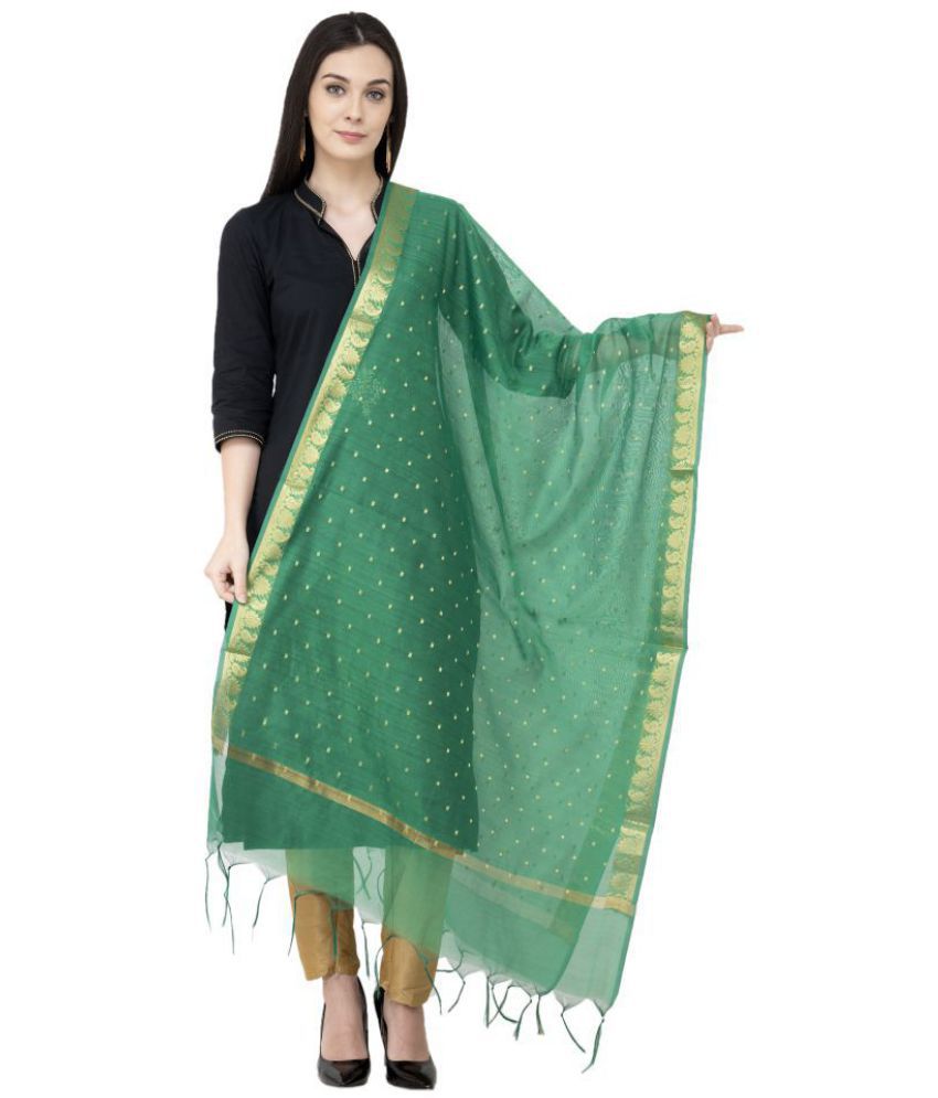     			A R Silk Green Chanderi Hand Embroidered Dupatta - Single