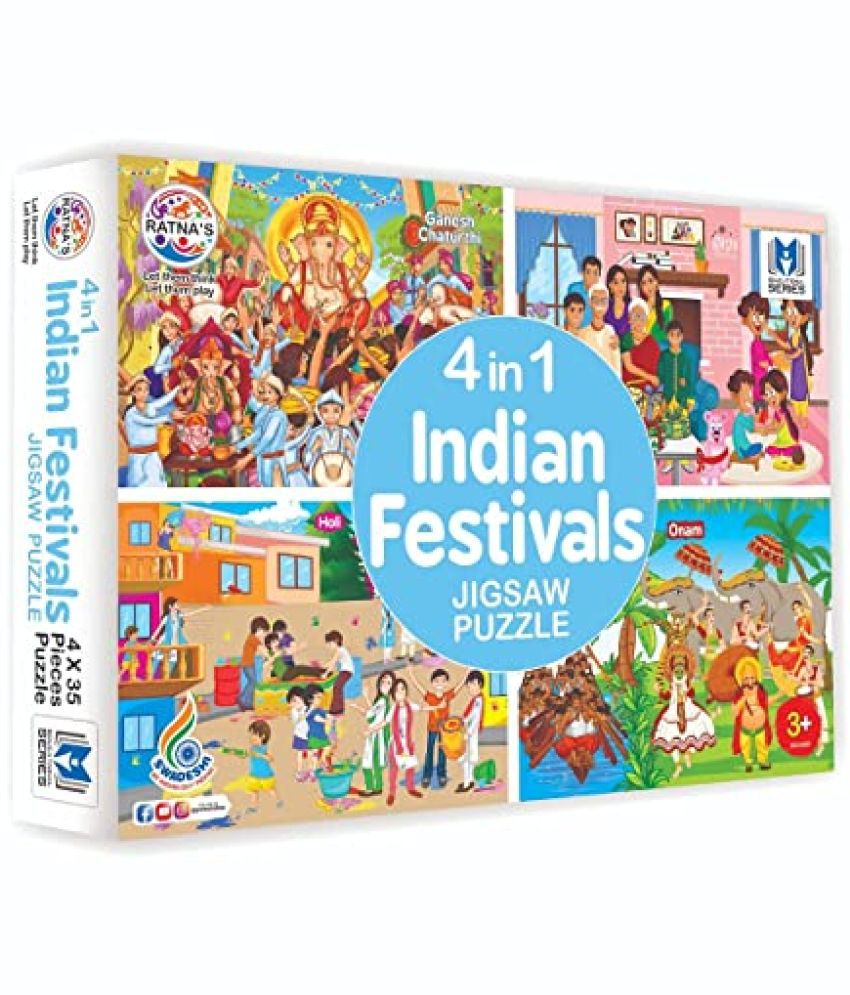     			Ratna's 4 in 1 Indian Festivals Jigsaw Puzzle for Kids. 4 Jigsaw Puzzles with 35 Pieces Each (Ganesh CHATURTHI, RAKSHA BANDHAN, Holi & ONAM)