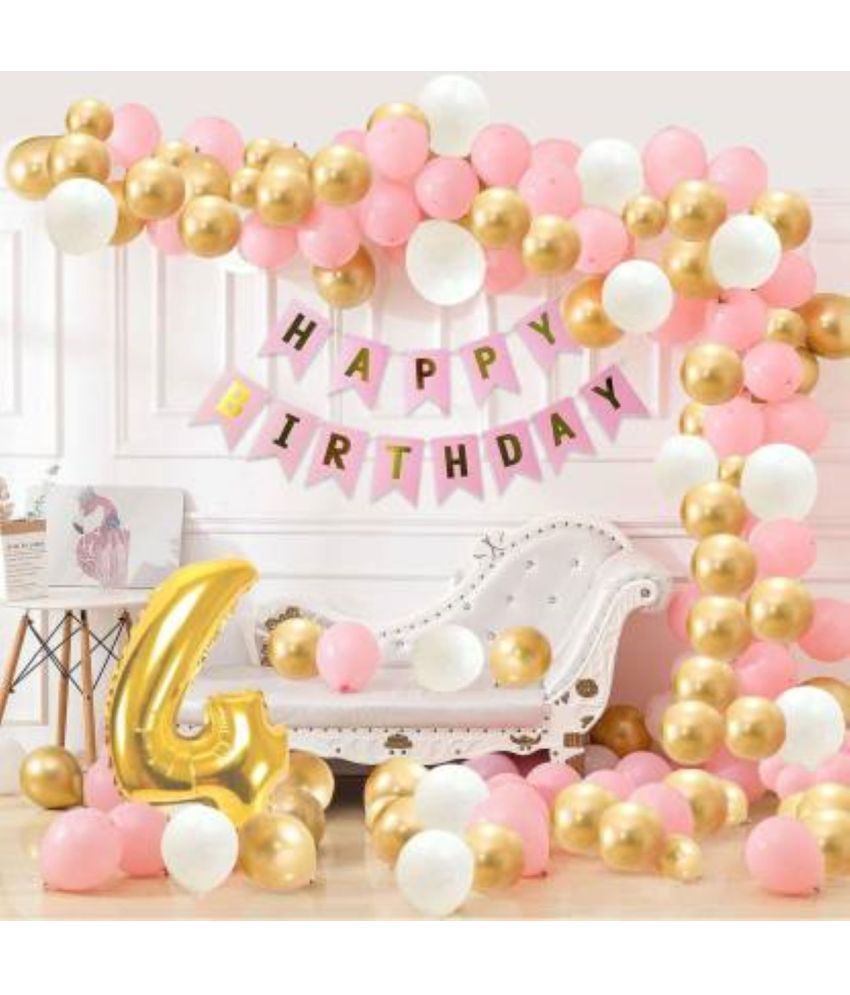     			KR 4th Happy Birthday Balloons Decoration Kit Items Combo Pink Gold White-90Pcs for Kids Girls Adult Women Wife Second Theme Decorations/Foil Balloon, Metallic Latex Balloon,Curtain,Banner