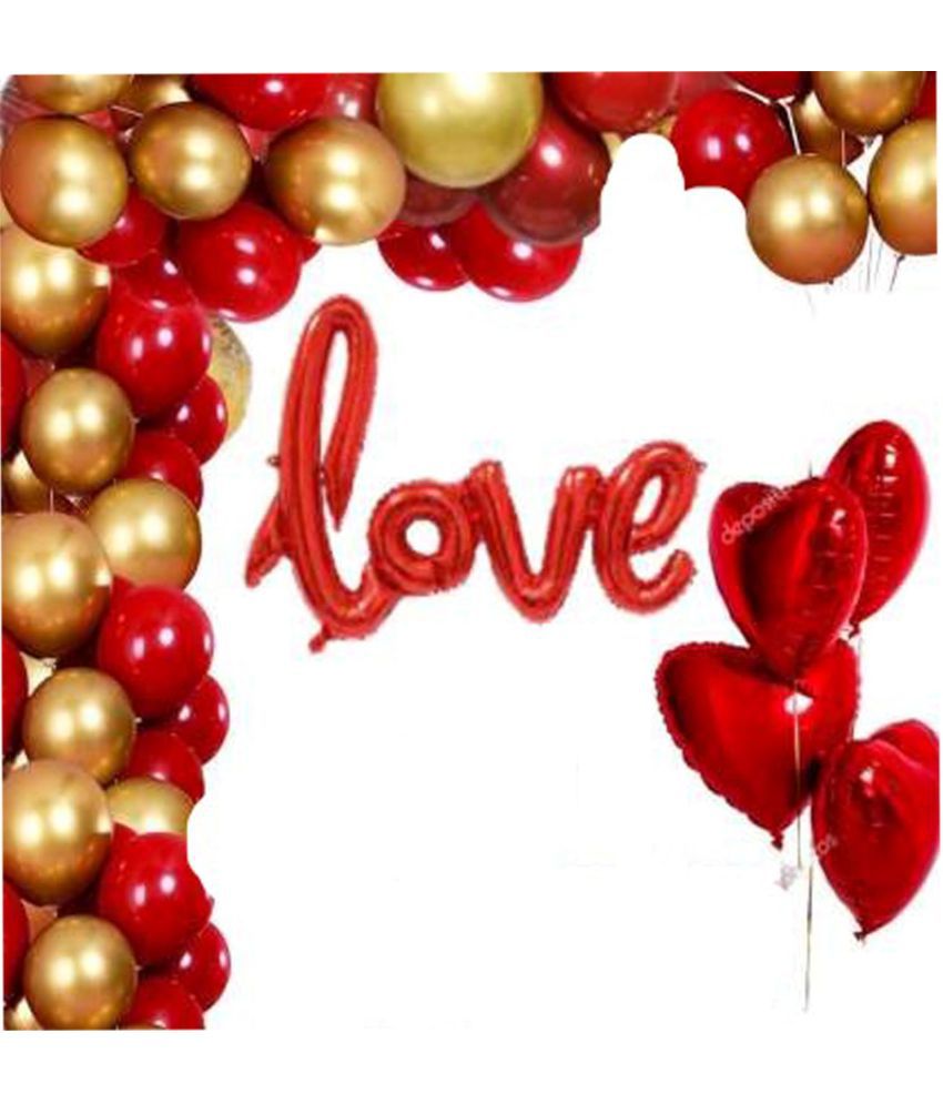     			Kiran Enterprises Red Cursive Love Foil Letter Balloon + 4pcs Red Heart Foil Balloon + 30 Metallic Balloon ( Red, Gold )