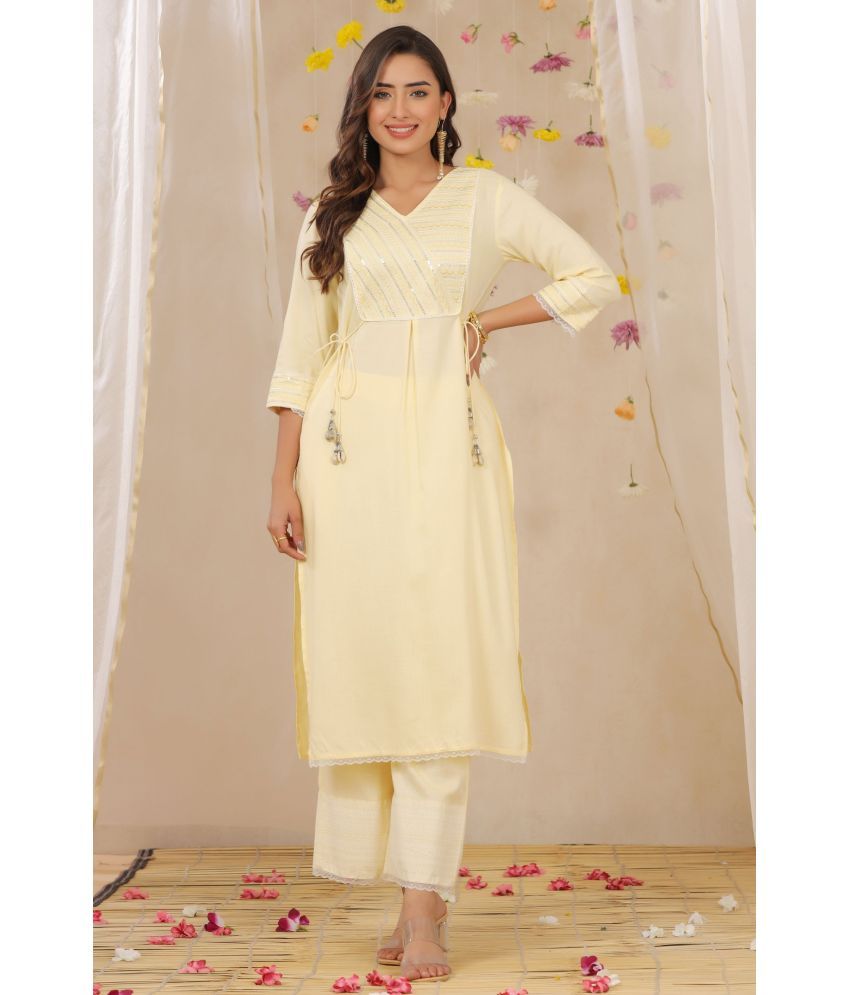     			Juniper Yellow Rayon Kurti With Palazzo - Stitched Suit Single